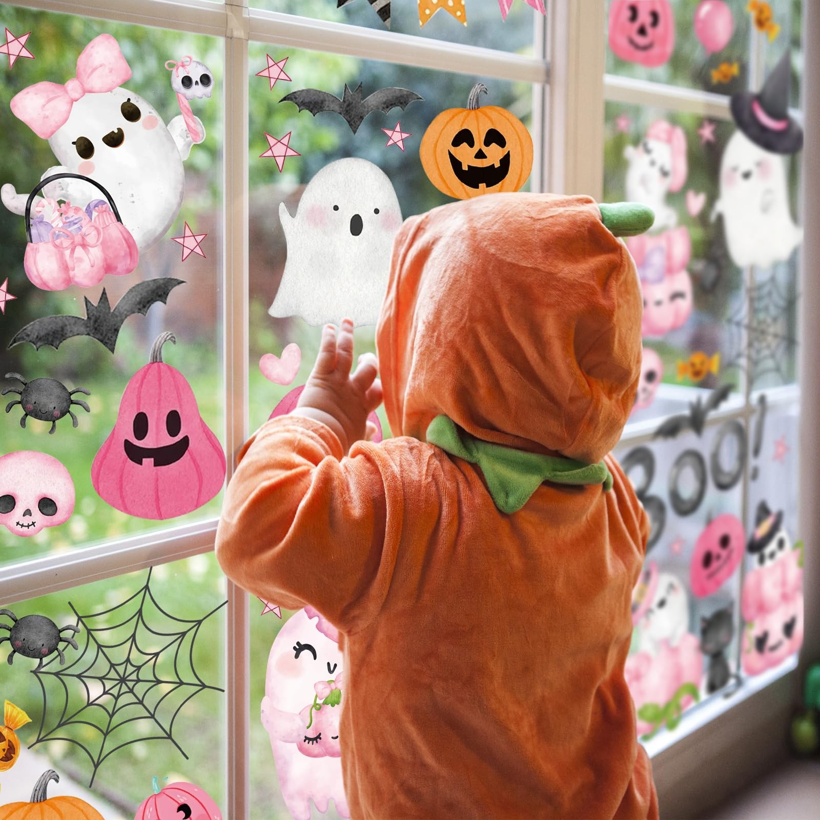JarThenaAMCS 9 Sheets Halloween Window Cling Stickers 7.9 x 11.8 inch, Pink