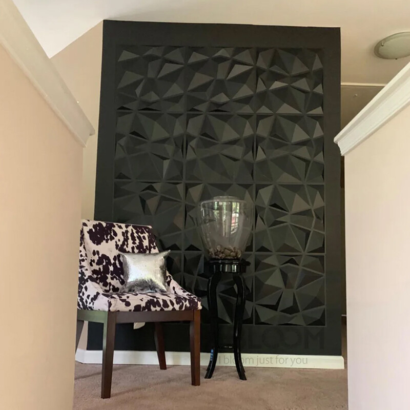 3D Wall Panels Diamond Textured PVC for Interior Decor Black 30x30cm 10 Pack