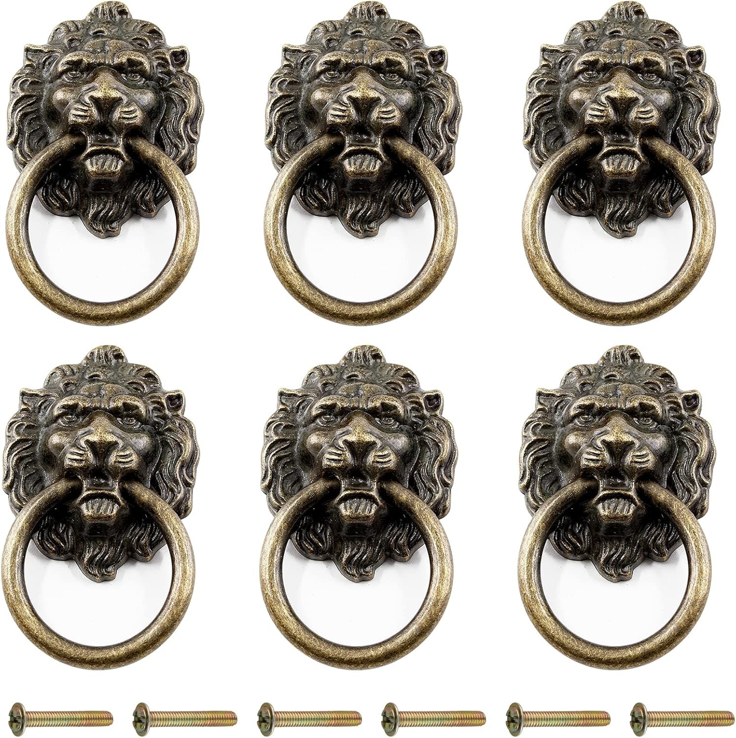 6 Pcs Antique Bronze Lion Head Knobs Pull Handles Drawer Dresser Cabinet Ring Pu