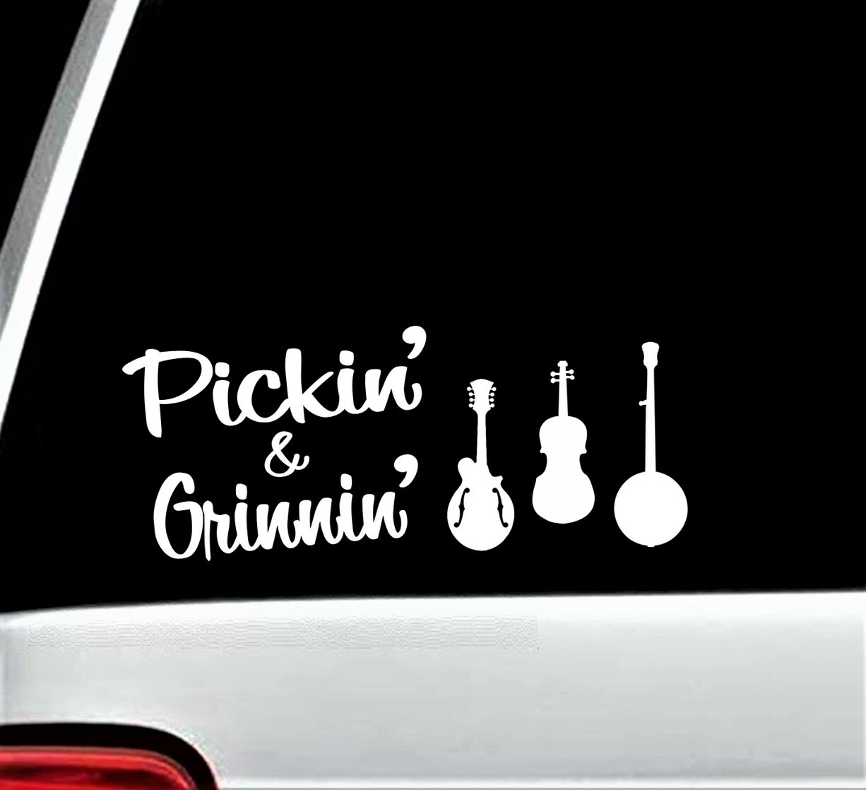 Bluegrass Music Mandolin Fiddle Banjo Decal Sticker for Car Pick and Grin J1016