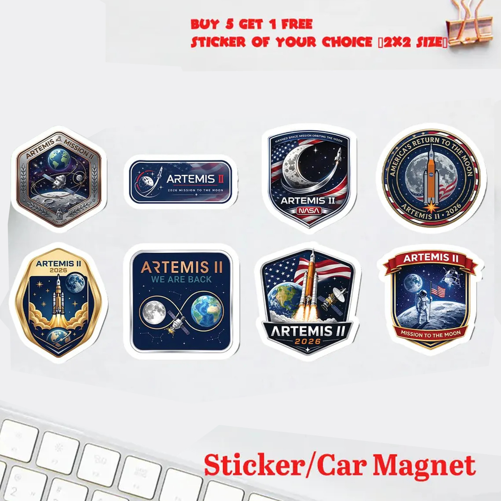 8PCS NASA Artemis II Patch Sticker Moon Mission Astronaut Vinyl Decal