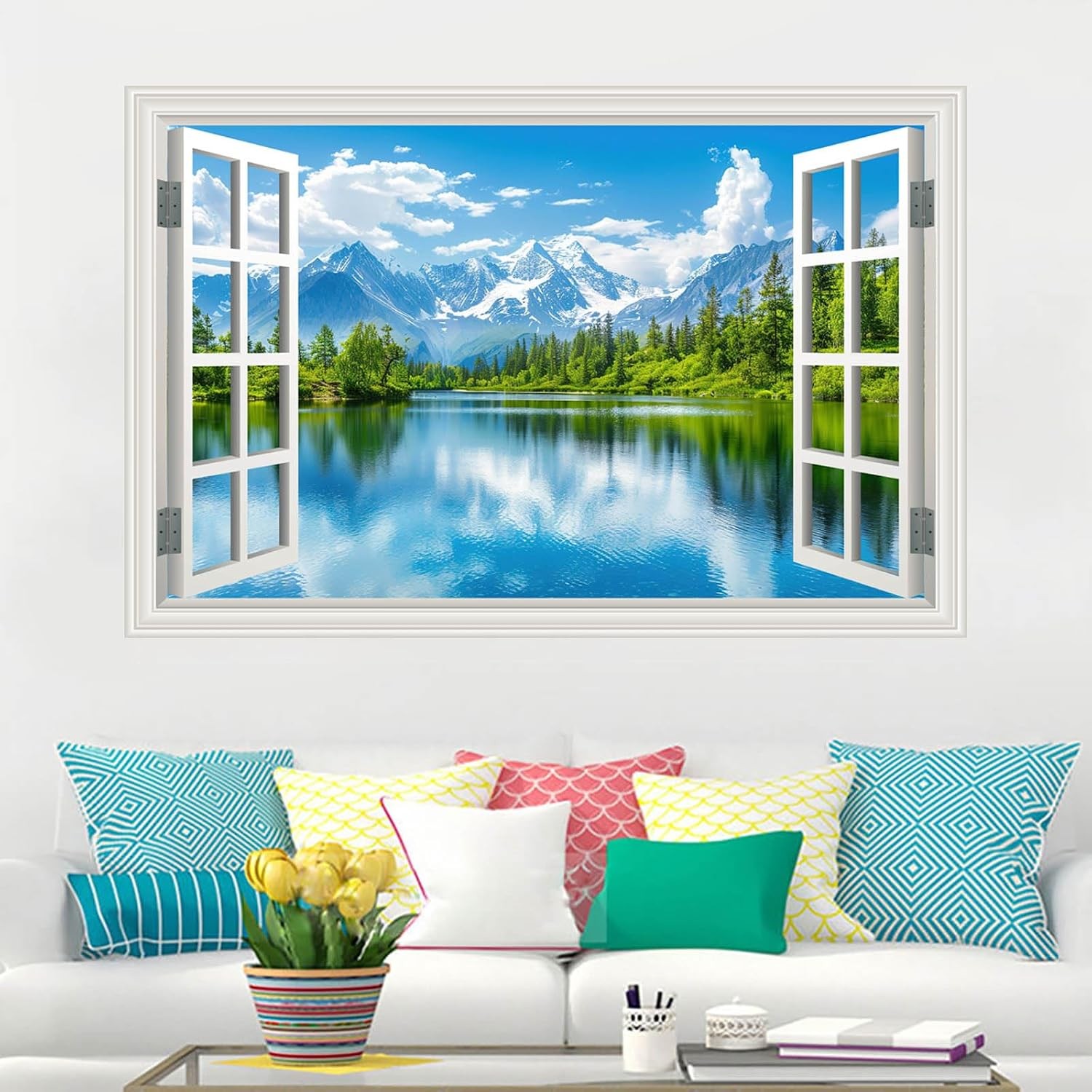 Fake Window Wall Mural Sticker Mountain Lake Forest Tree Faux Window Wall Cling