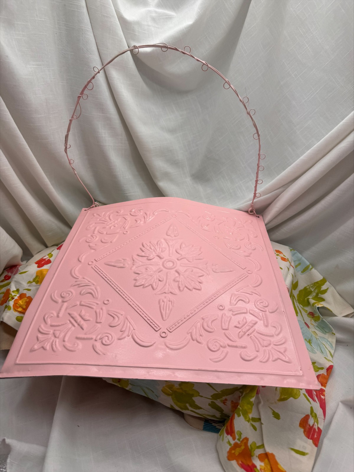 Pink Metal Embossed Floral Tin Tile Wall Pocket Hanging Planter 15" Shabby Chic