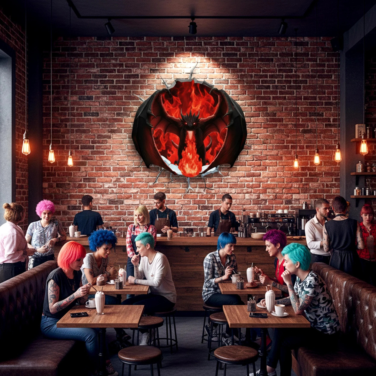 3D Red Fire Dragon Wall Decal | Cracking Wall Fantasy Mural