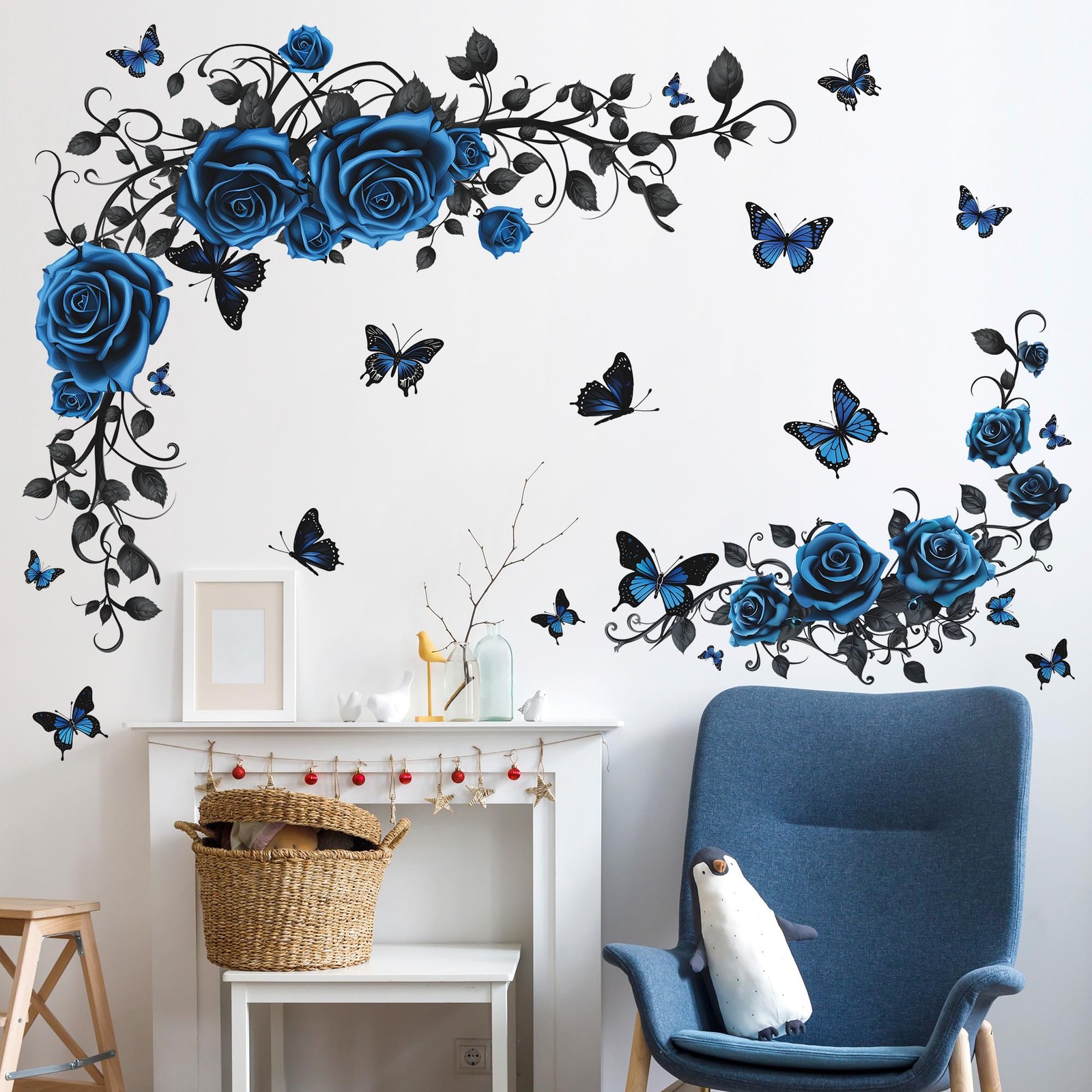 Removable Blue Floral Rose Wall Decor 3D Peel and Stick Flower Vine Black Pla…