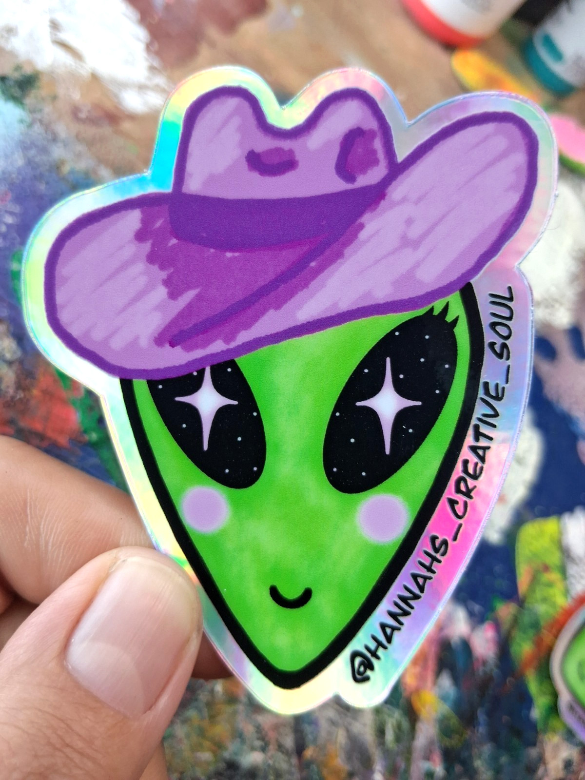 Holographic Whimsical Comic Surreal Cowgirl Alien Stars Vinyl Sticker,Trippy Art