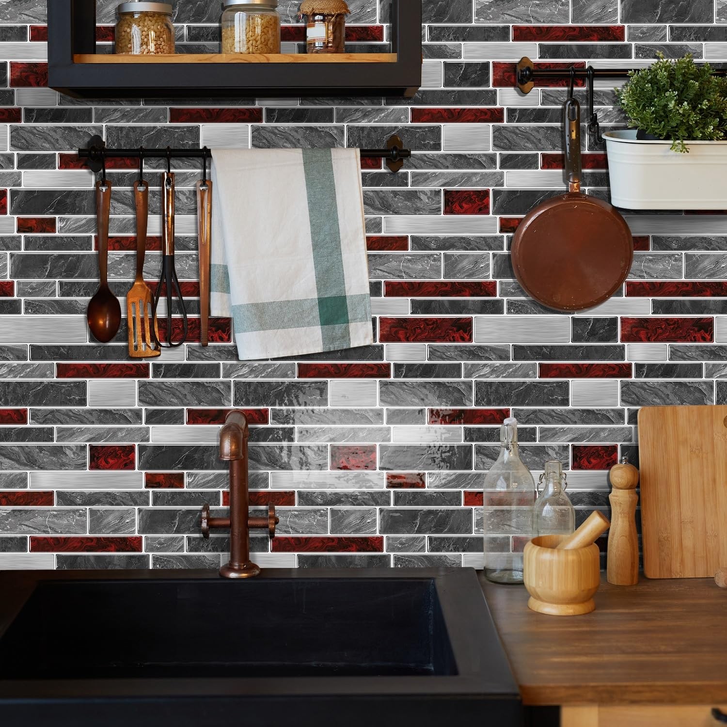Peel and Stick Tile Backsplash, 12 x 12 inch, Grey & Red Marble
