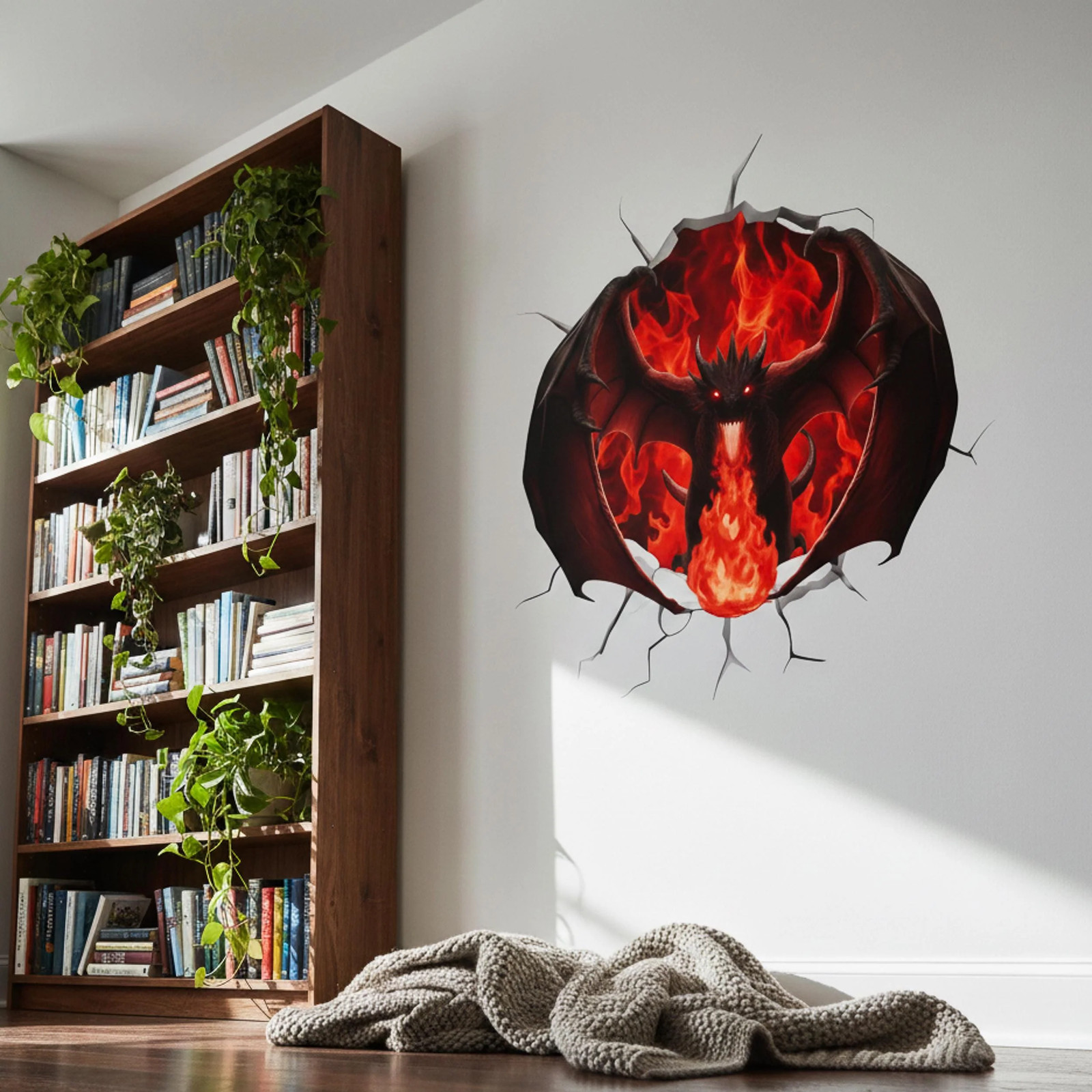 3D Red Fire Dragon Wall Decal | Cracking Wall Fantasy Mural