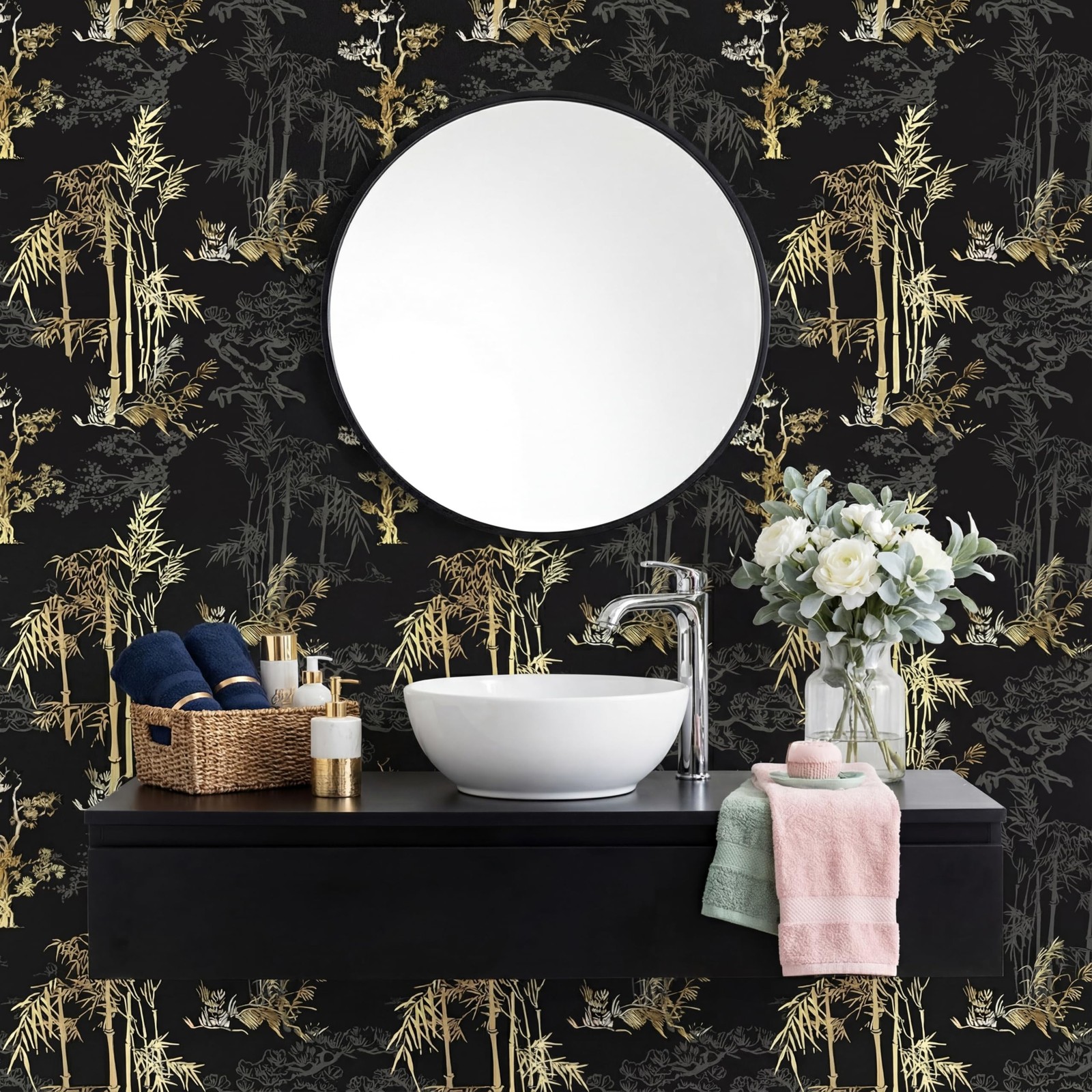 Vintage Wallpaper Peel and Stick 17" x 120" Black Gold Bamboo Forest Wallpape…
