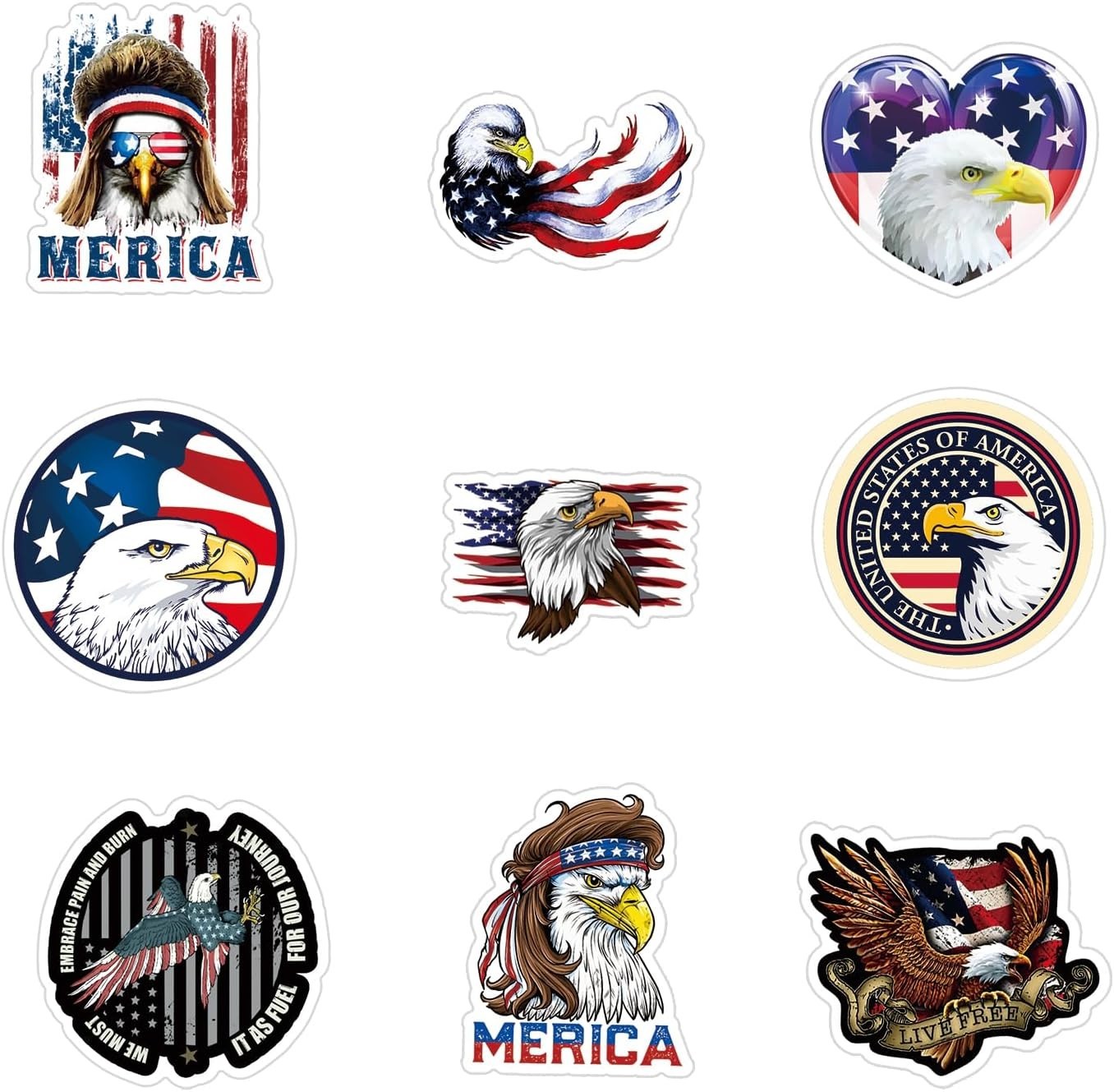 Cool Bald Eagle Stickers 25pcs Waterproof Art Deco Vinyl Pack Laptop Skateboard
