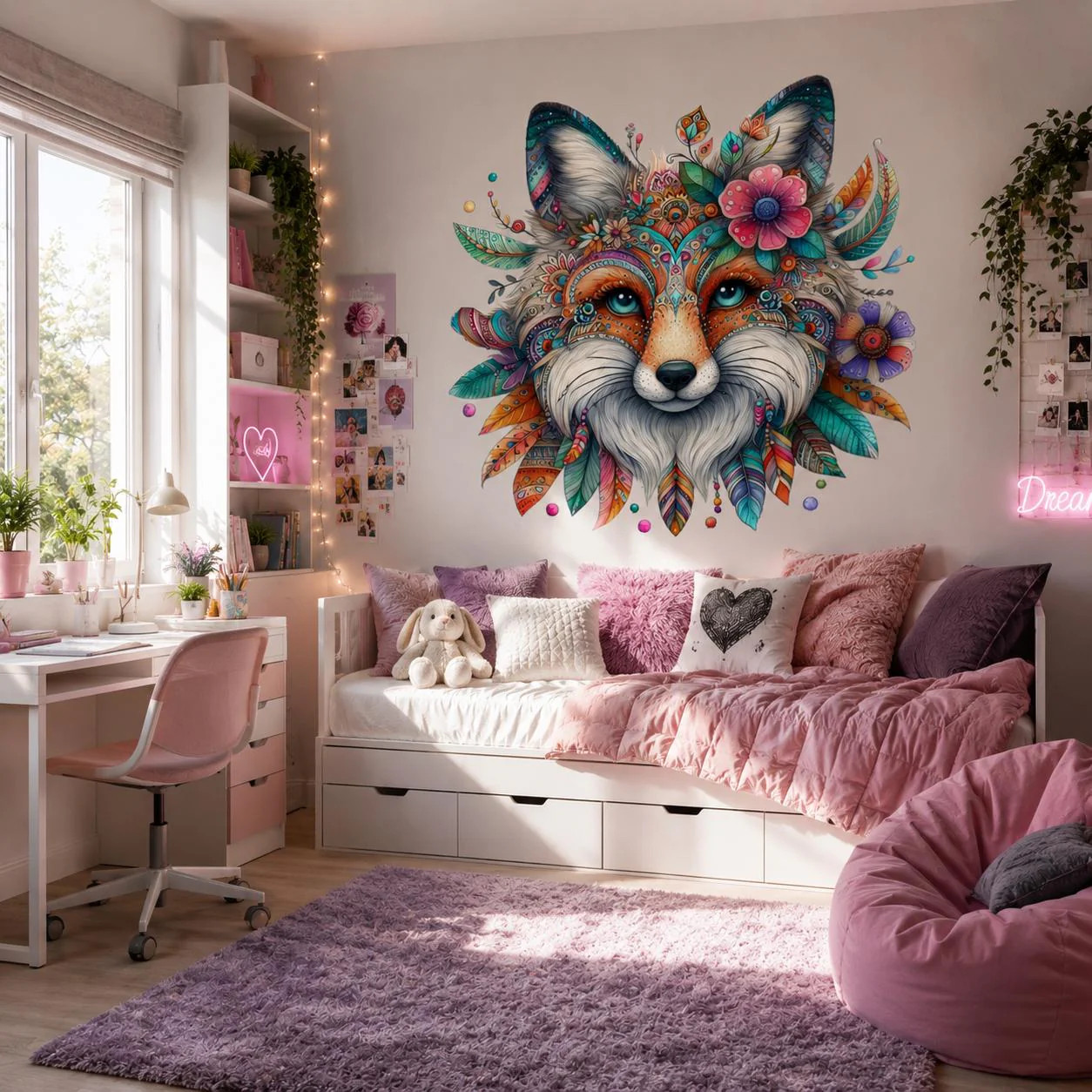 Boho Fox Wall Vinyl Decal | Colorful Mandala Animal Face Sticker
