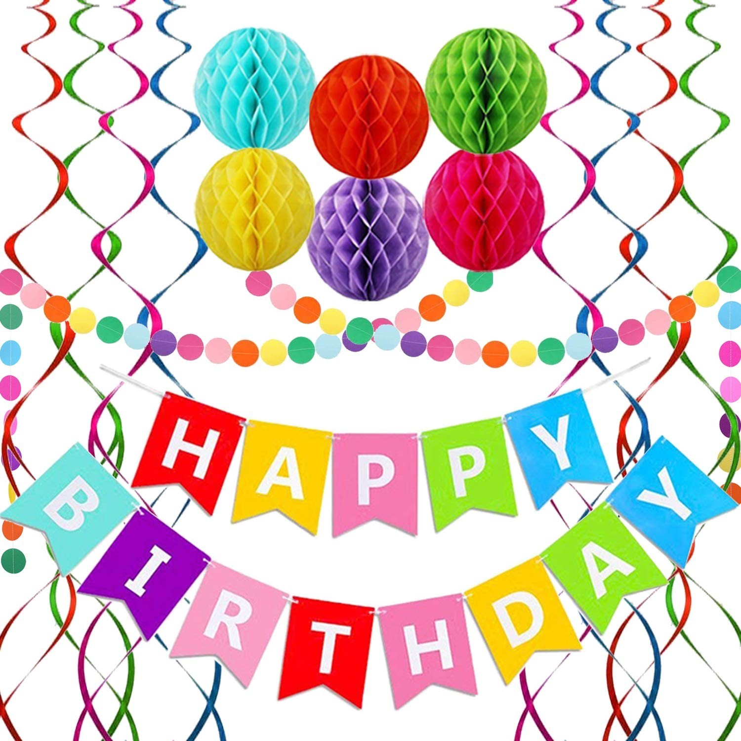 Happy Birthday Banner, Rainbow Birthday Banner, 6 Honeycomb Balls, 8 Metallic…