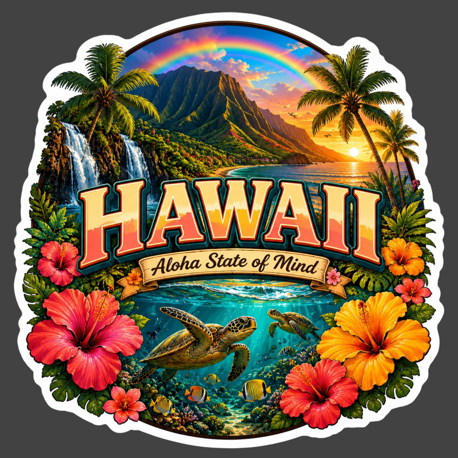 Hawaii Sticker Vinyl Decal Tropical Island Sea Turtle Reef Beach Travel Souvenir
