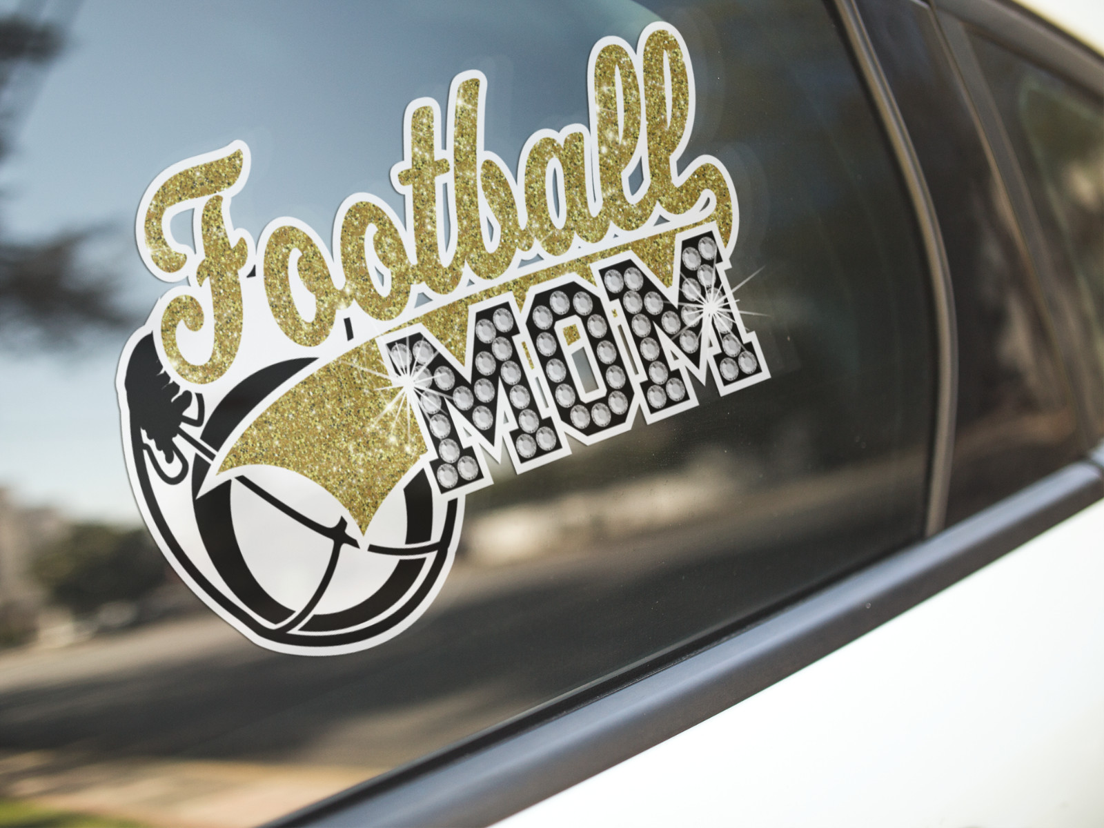 Football Mom glitter rhinestone decal car tumbler stick on blue green silver