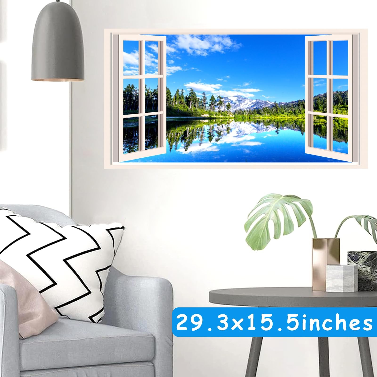 Fake Window Wall Stickers 3D Forest Lake View Mountain 3d Scenery a