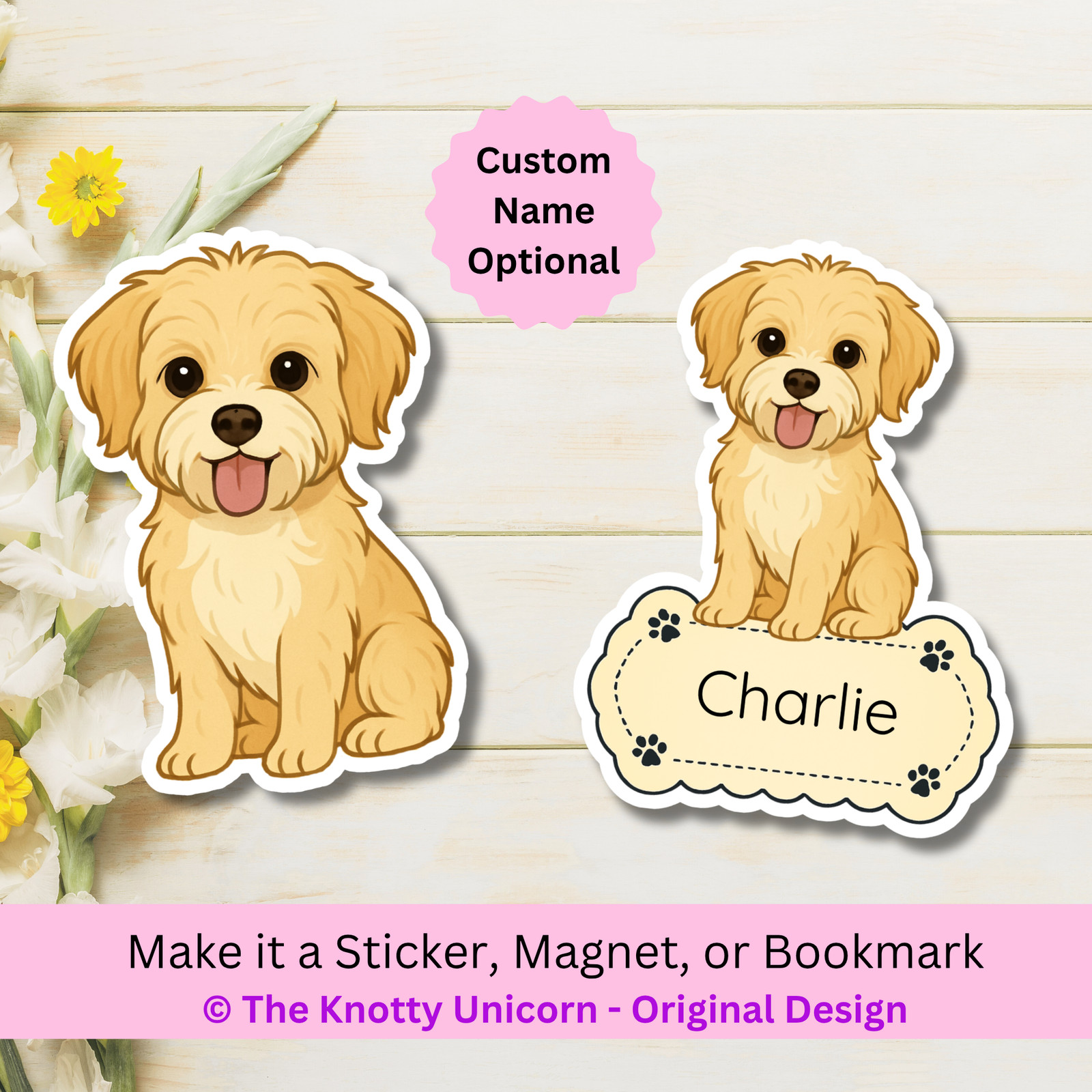 Personalized Morkie Dog Sticker Magnet Bookmark – Gold and White