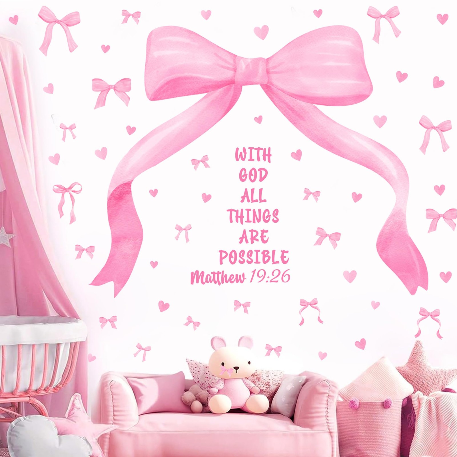 Large Watercolor Girls Room Wall Decals Pink Bow Wall Stickers Peel and Stick…