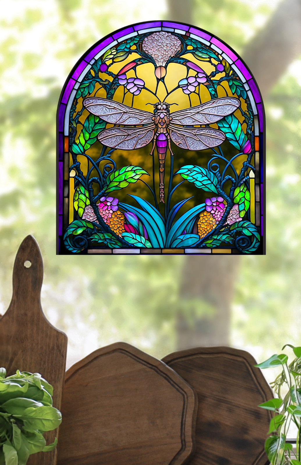 Dragonfly Faux Stained-Glass WINDOW CLING Size 9" Arch Shaped Vinyl
