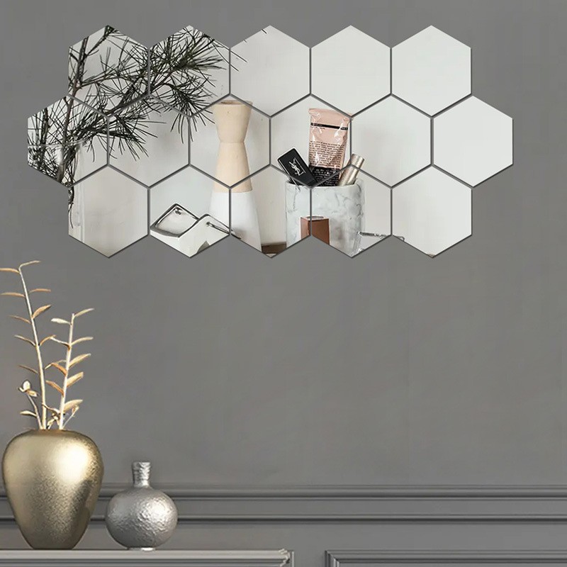 24Pcs Large Hexagonal Mirror Wall Stickers Boho Living Room Background Wall Art