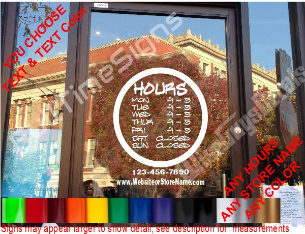 CUSTOM Storefront Door DECAL Hours Store Sign bar grill diner cafe hair salon