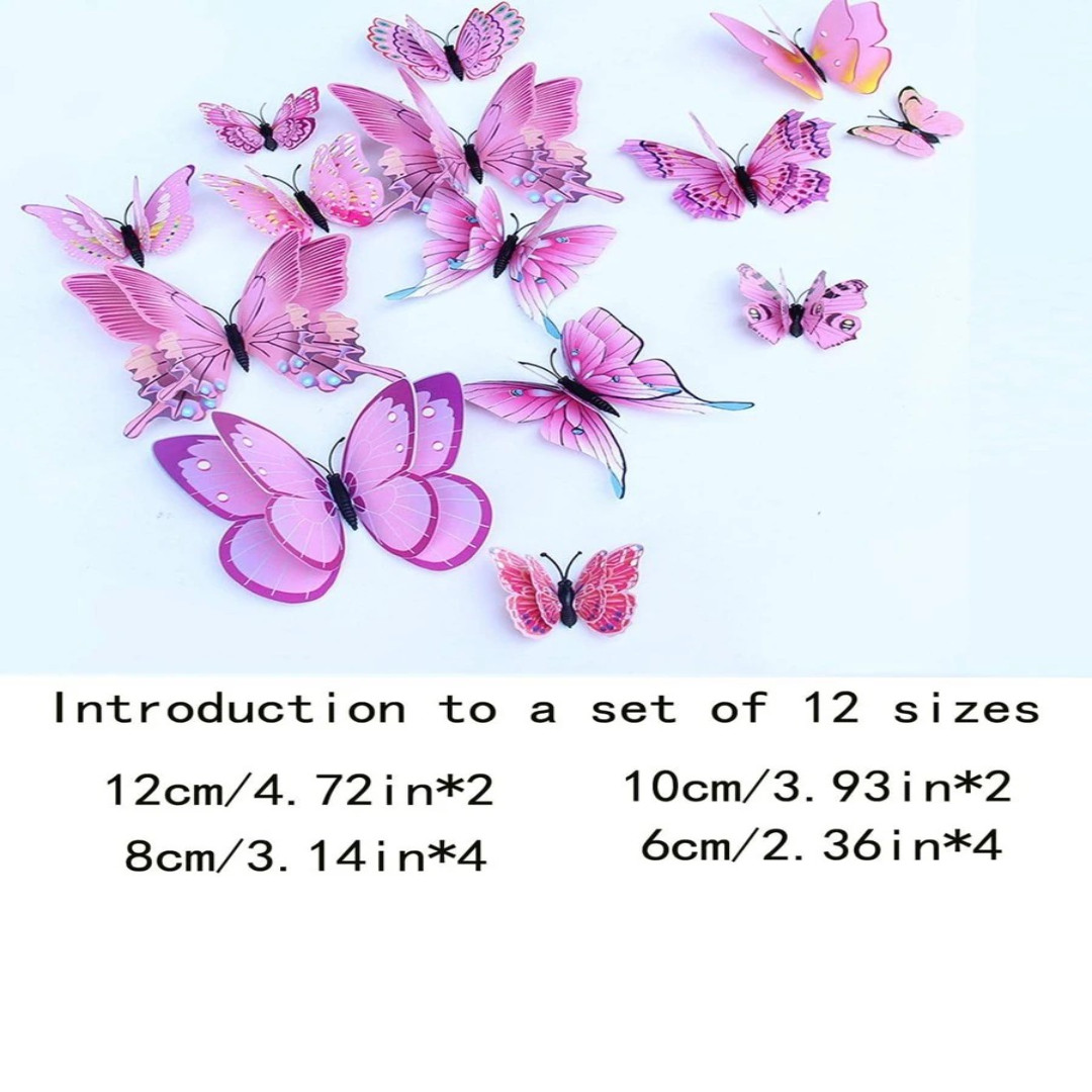 3D Butterfly Wall Stickers 12pc Pink PVC Magnet Decals Double Layer Bedroom Home