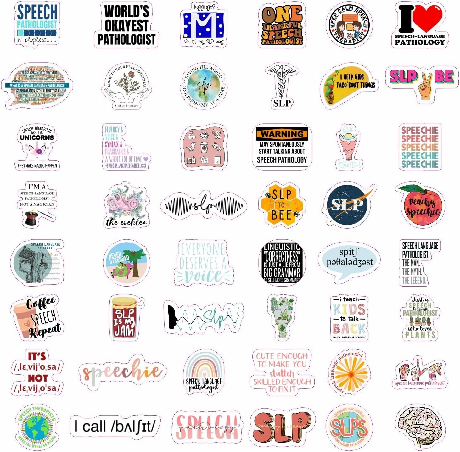 100 Fun SLP Stickers – Waterproof Vinyl – Perfect for Speech Therapy Gifts