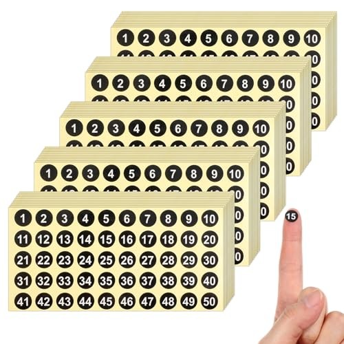 Number Stickers, 50 Sheets Black Consecutive Round Labels, 0.4 2500 Pcs 1 to 50