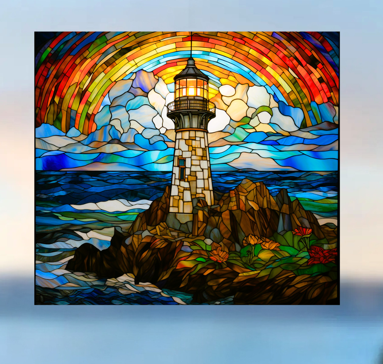 Lighthouse Faux Stained-Glass WINDOW CLING Size 9.1" Repositionable Vinyl
