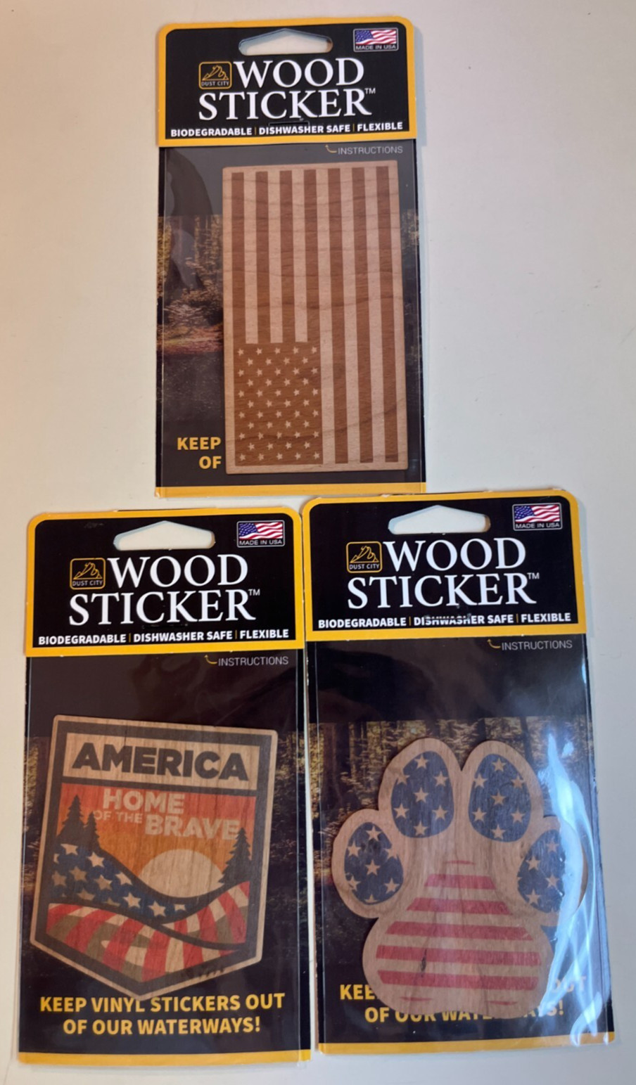 Dust City Wood 3 Stickers Lot Back to School, USA Flag America Home to the Brave