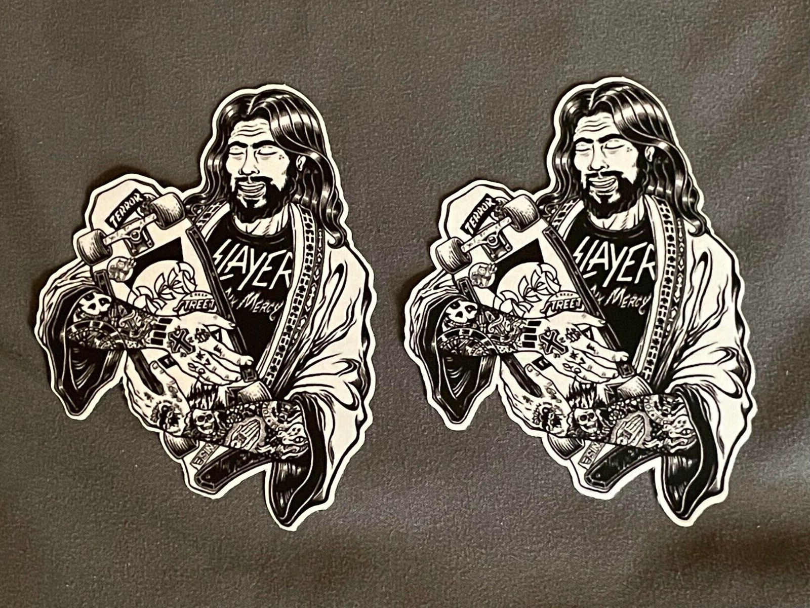 Lot of 2 SLAYER 3" x 4" Band Logo STICKERS Black White FAST! Skateboard JESUS