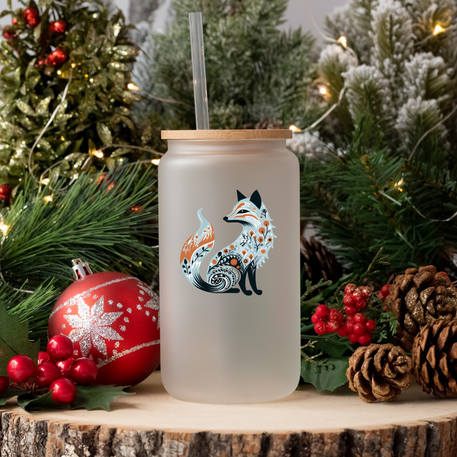Christmas Blue Folk Art Fox UV DTF Transparent Sticker / Decal
