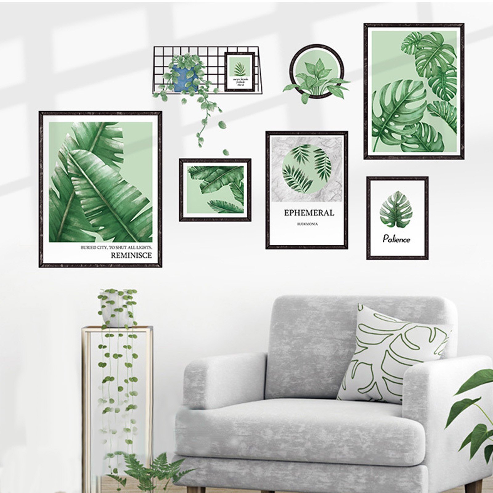 Green Wall Stickers Frame with Tropical Leaves Removable PVC Living Room Home