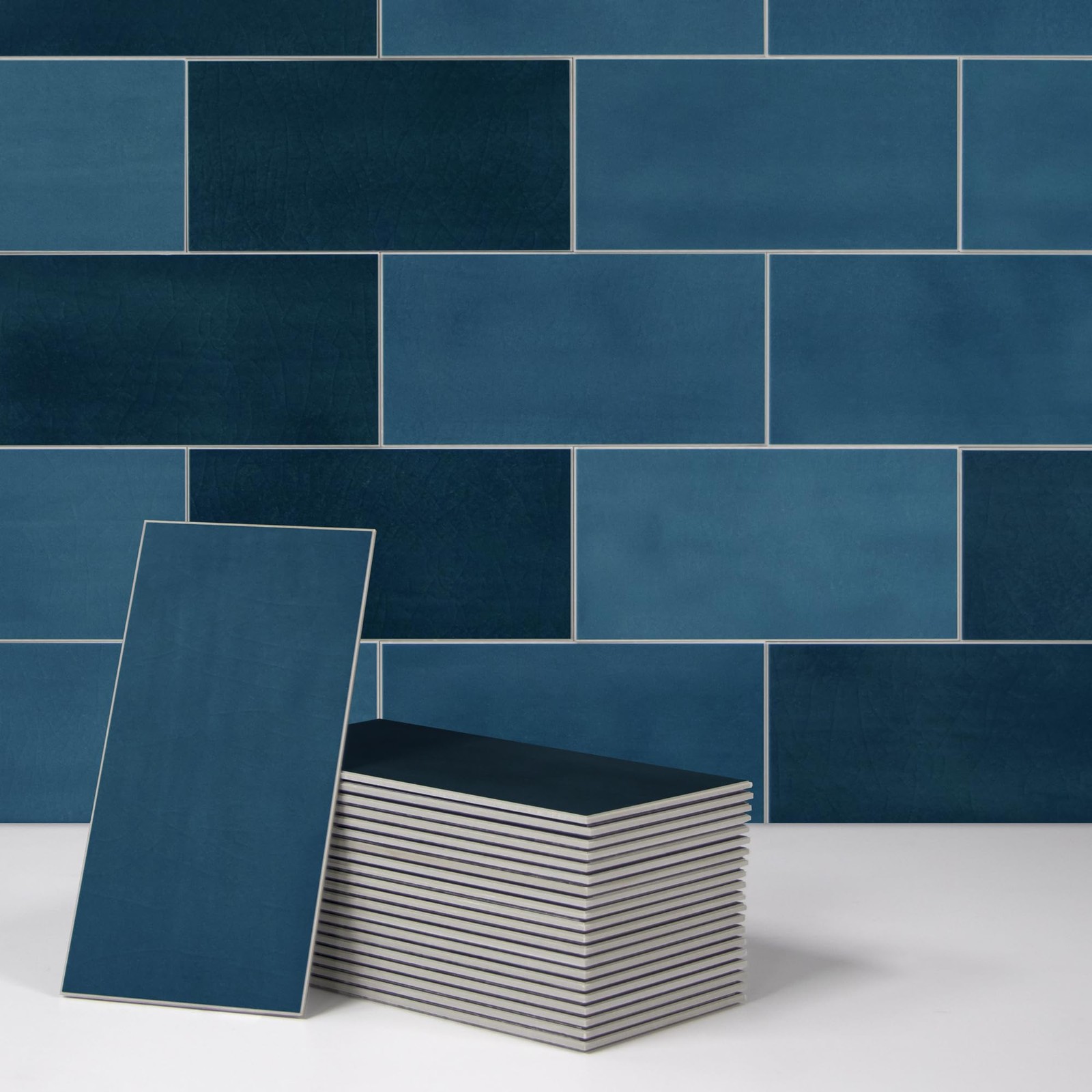 100-Sheet Subway Peel and Stick Backsplash Tile, 6" x 3" Blue Mixed Stone Com…