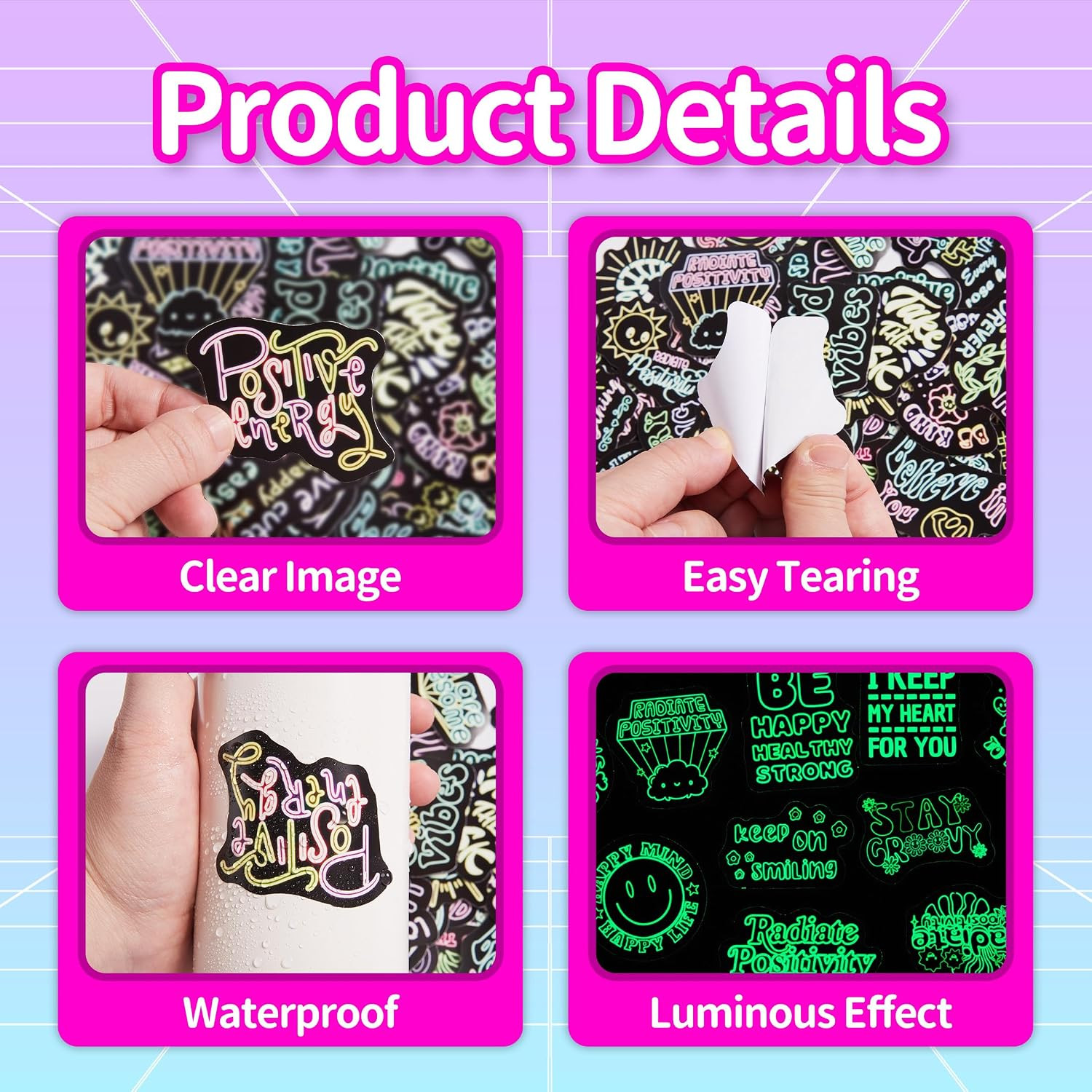 Glow in the Dark Inspirational Quotes Water Bottle Neon Stickers | 50 Pcs, Water