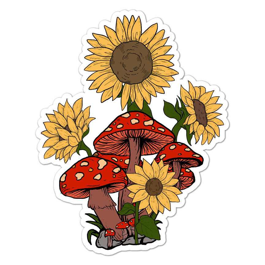 Mushrooms Sunflowers, Vinyl Decal Sticker, Indoor Outdoor, 3 Sizes, #8744