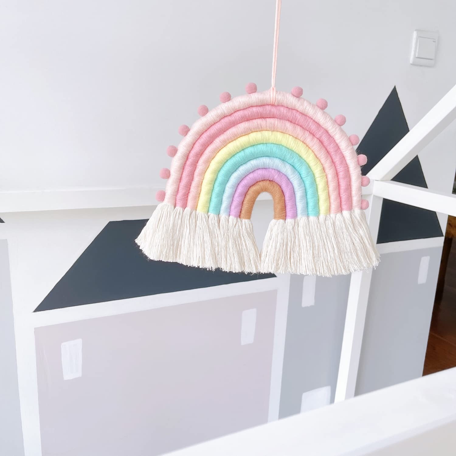 Large Macrame Rainbow Wall Hanging Decor Handmade Pom Pom Garland Rainbow Dec…