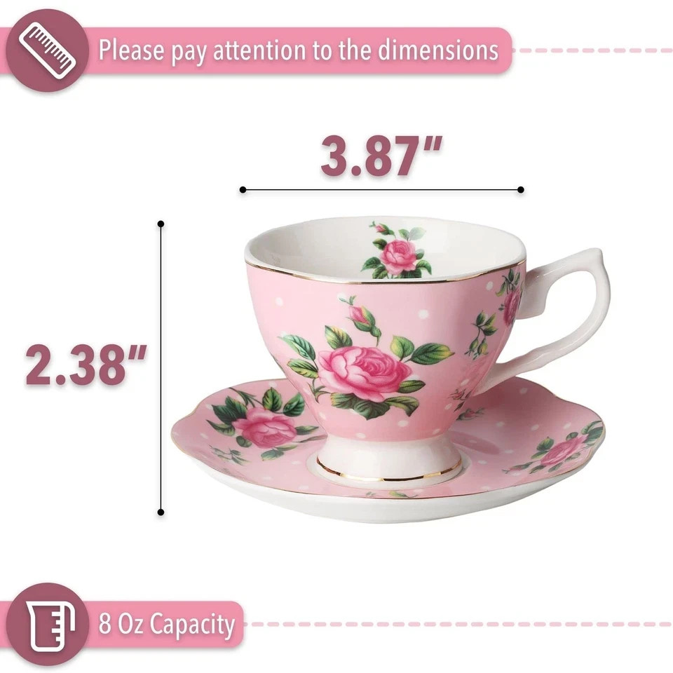 BTaT- Floral Tea Cups and Saucers Set of 2 (8 oz), Porcelain Tea Cup Sets, Pa…