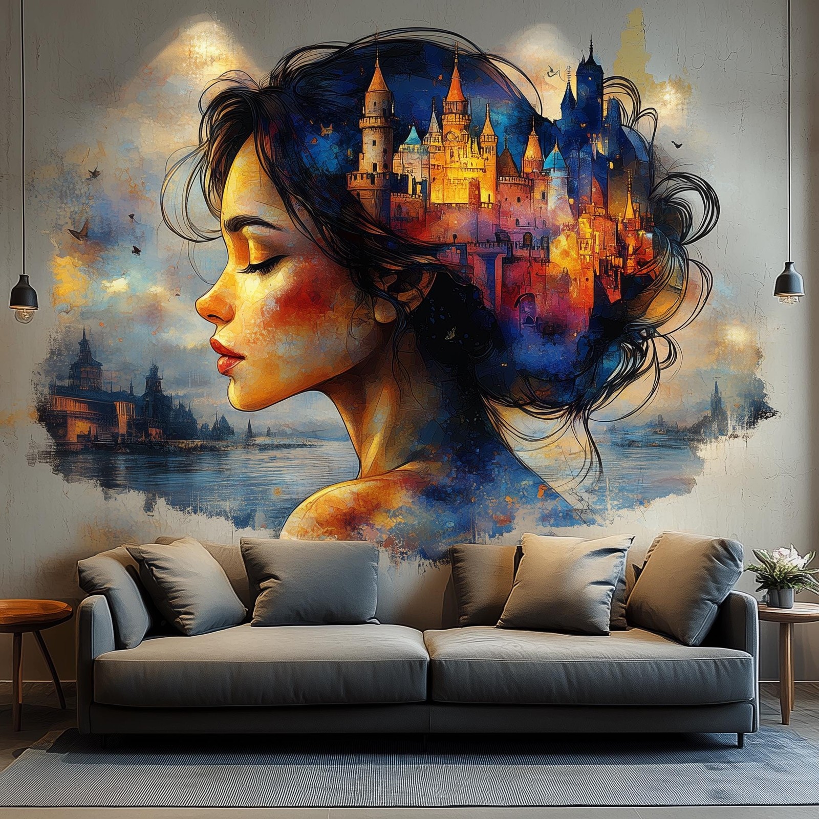 Dreamy Castle Wall Art Sticker – Fantasy Woman Portrait Vinyl Decal for Living