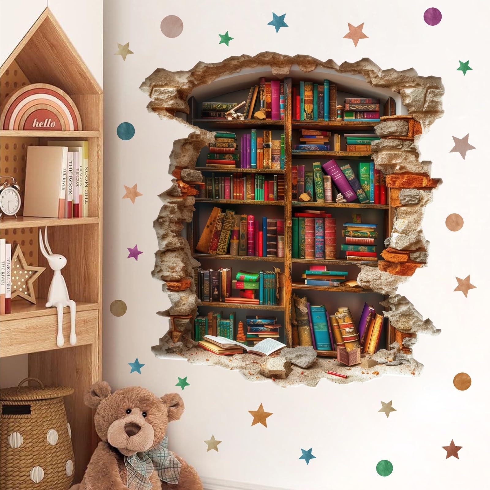 Large Vintage Book Wall Stickers 3D Broken Wall Decals Peel and Stick Reading…
