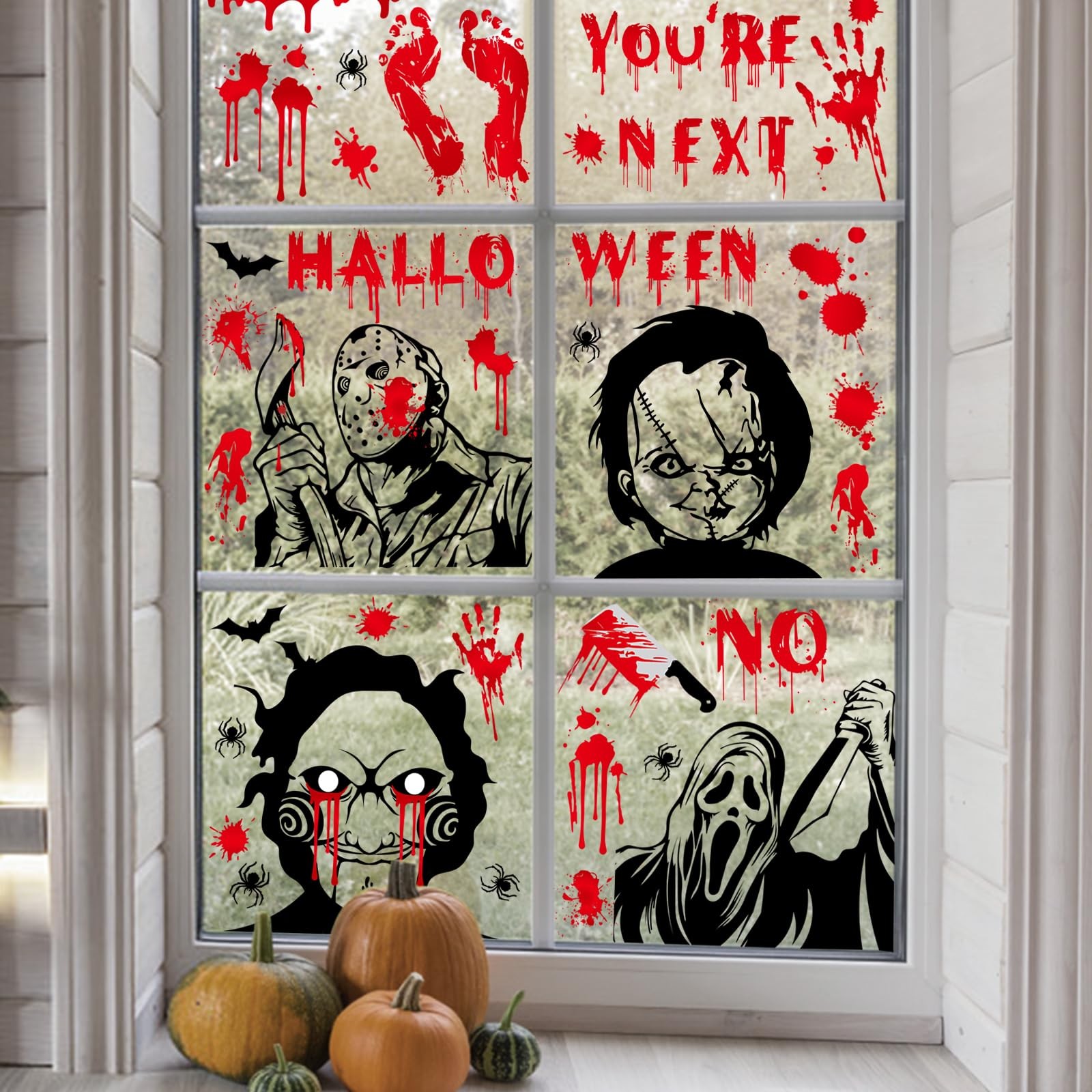 Auzesto 60Pcs Scary Halloween Decoration Window Clings, 9 Horror Characters
