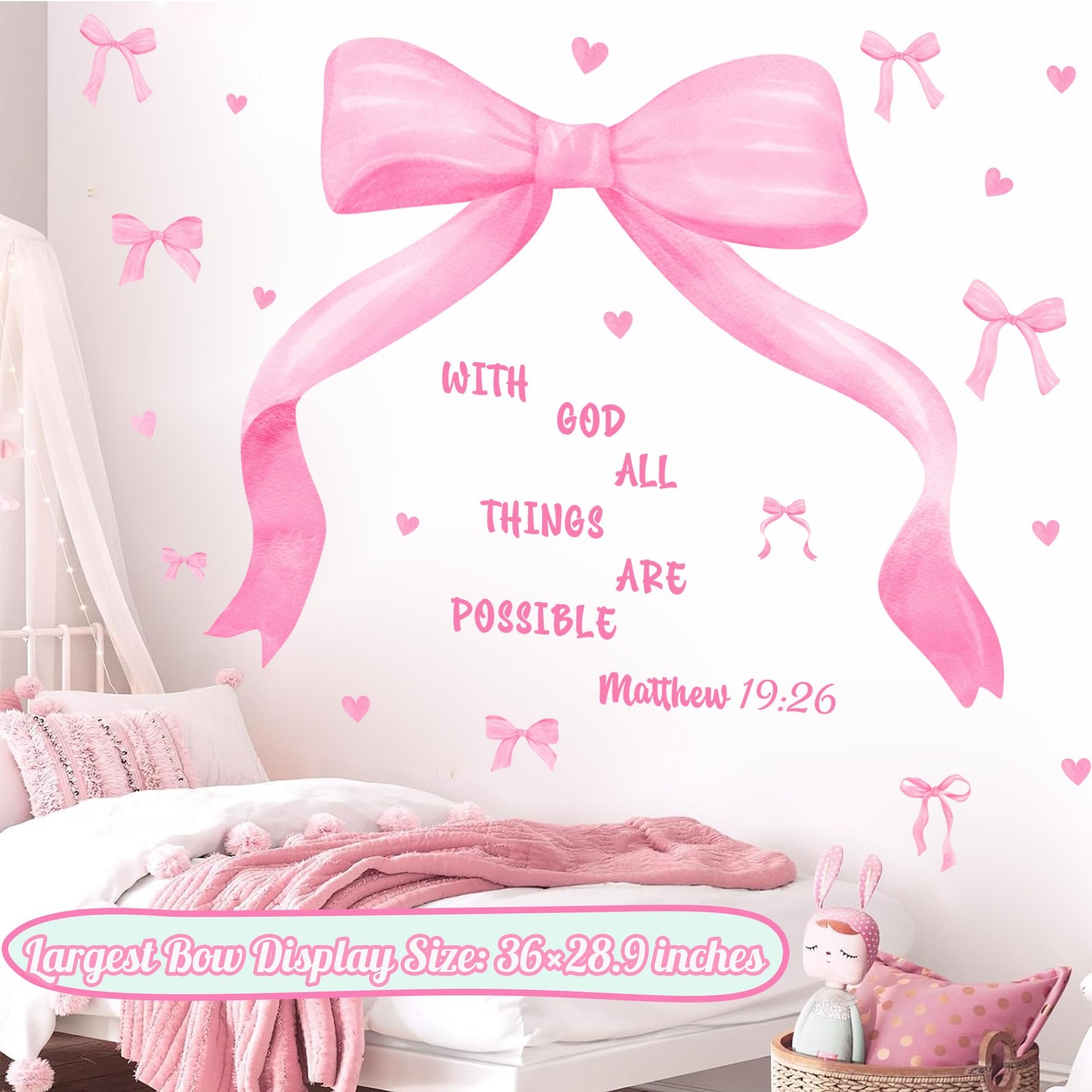 Large Watercolor Girls Room Wall Decals Pink Bow Wall Stickers Peel and Stick…