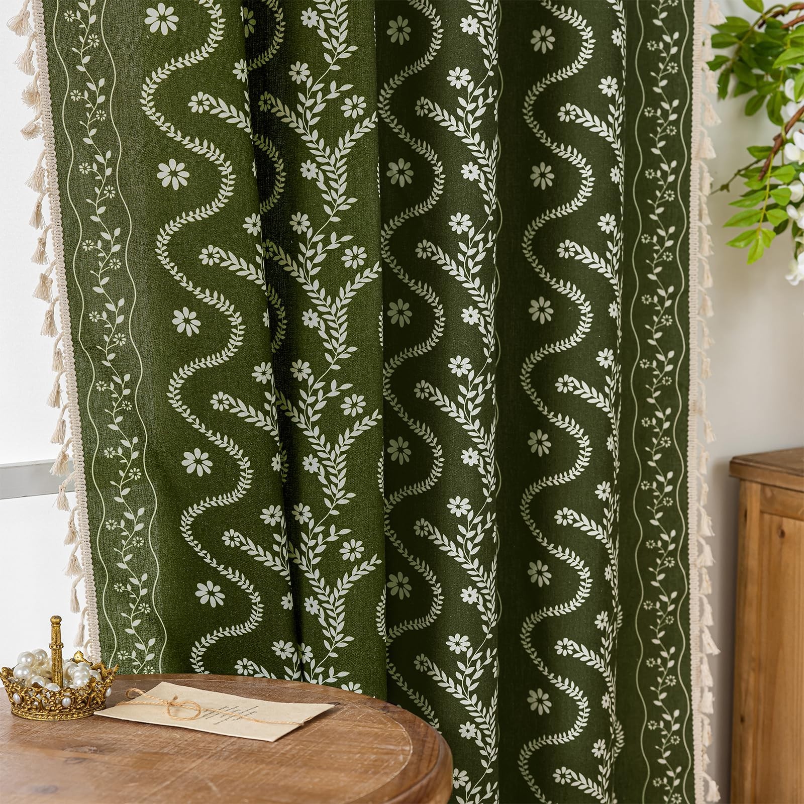 Olive Green Floral Curtains 80 Inch Long for Living Room, Bedroom, 2 Panels B…