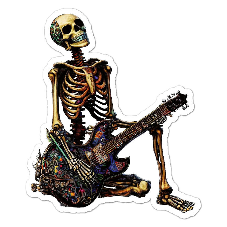 Skeleton Guitar Player, Vinyl Decal Sticker, Indoor Outdoor, 3 Sizes, #9121