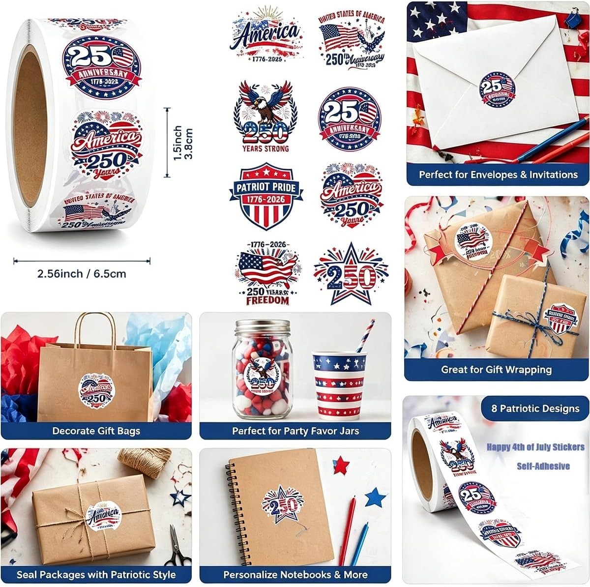 500PCS Patriotic USA Stickers Roll American Flag 250th Anniversary Decals 2026