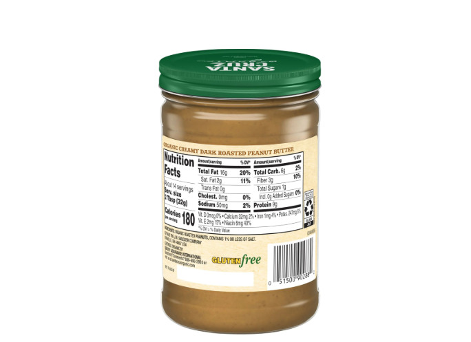 Santa Cruz Organic Creamy Dark Roasted Peanut Butter, 16 Ounces..