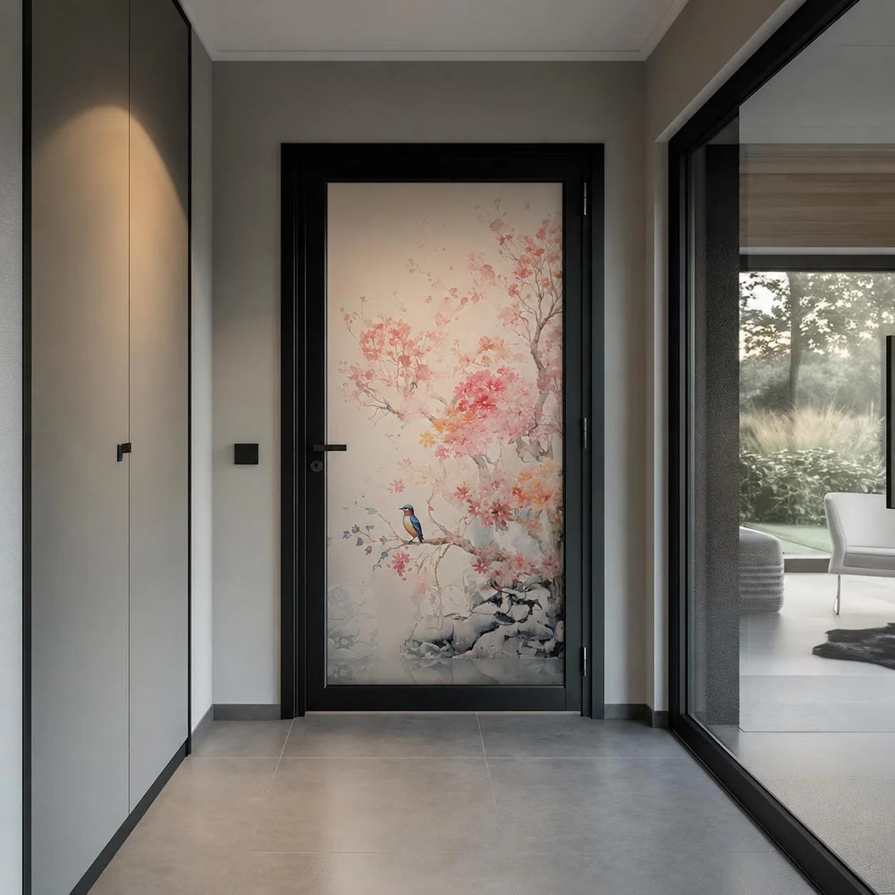 Etched Glass Door Vinyl Decal Cherry Blossoms | Frosted Floral Window Film