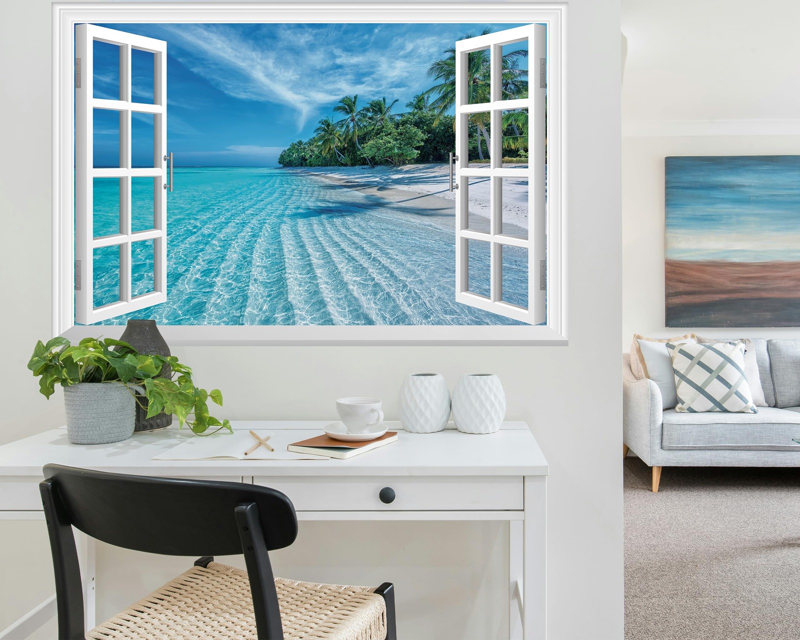 Fake Window Wall Mural – Summer Beach Faux Window Wall Sticker for Wall Decor…