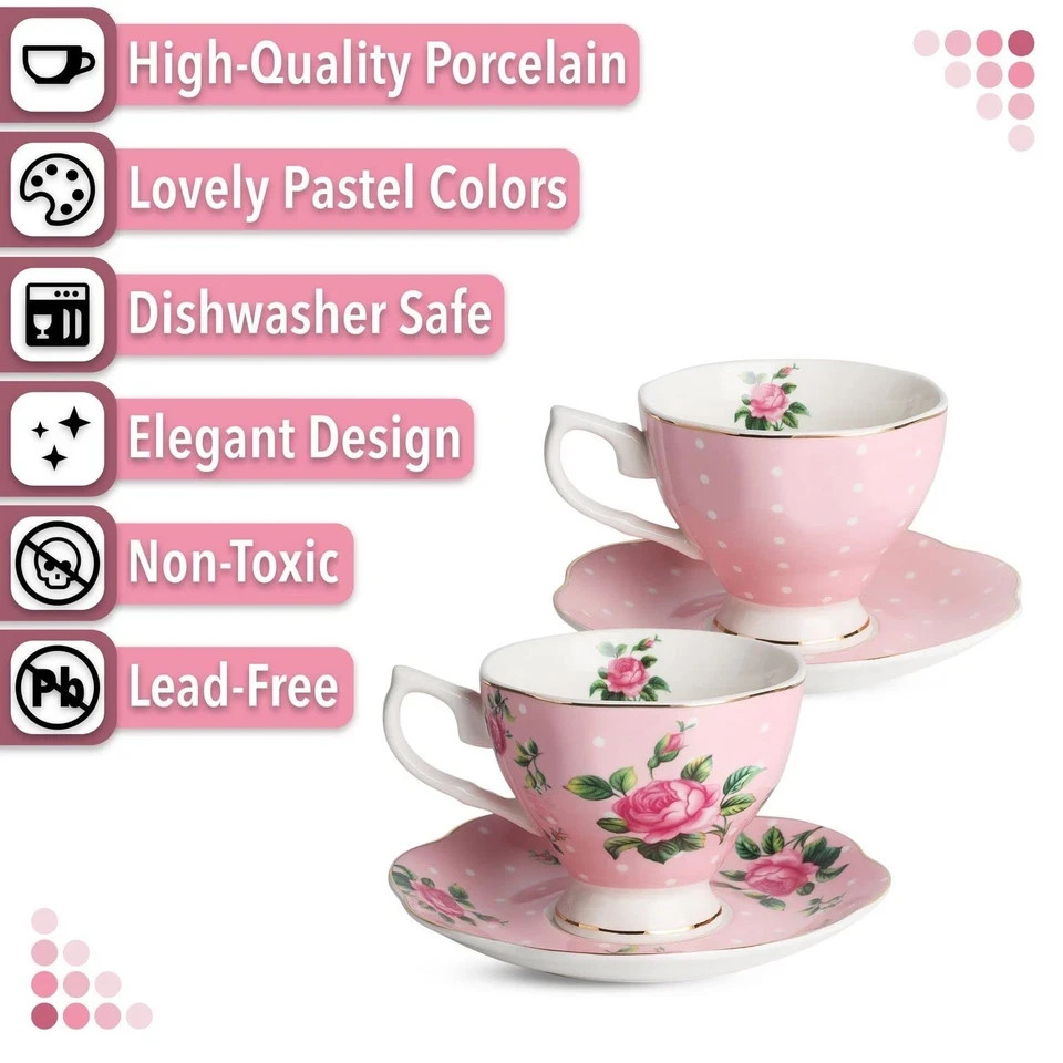 BTaT- Floral Tea Cups and Saucers Set of 2 (8 oz), Porcelain Tea Cup Sets, Pa…
