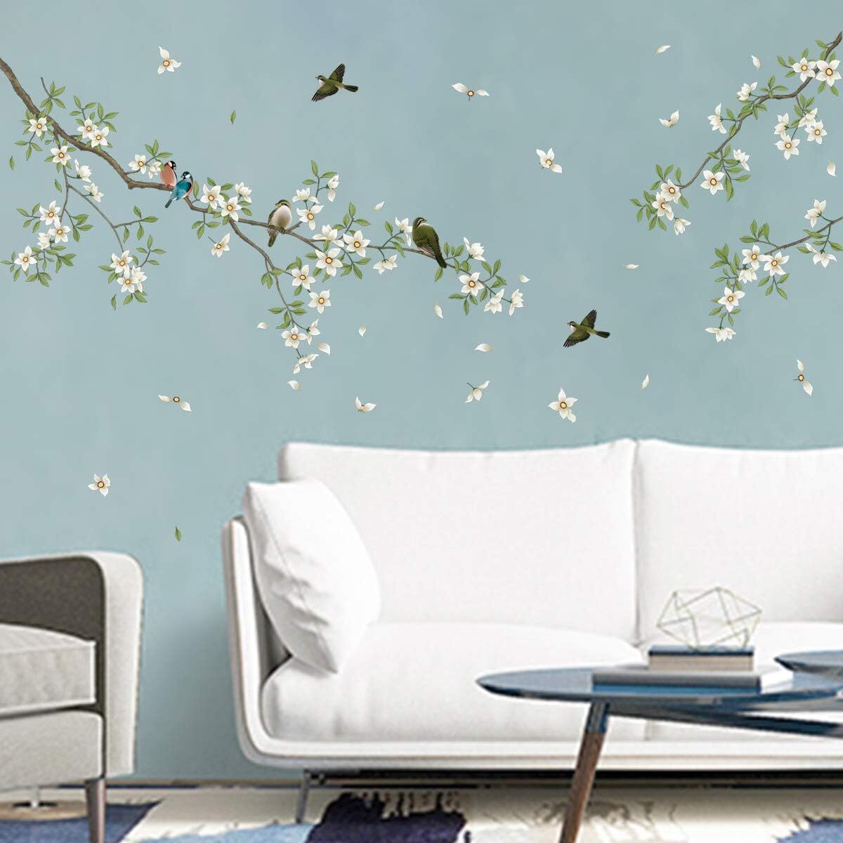 Birds on Tree Branch Wall Decals White Blossom Flower Wall Stickers Bedroom L…