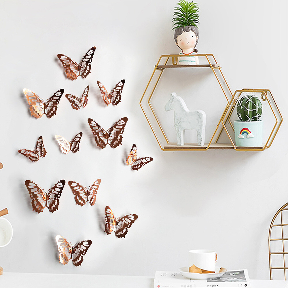 12 pcs 3d cute rose, silver, and gold butterfly wall decor, party, wedding, diy